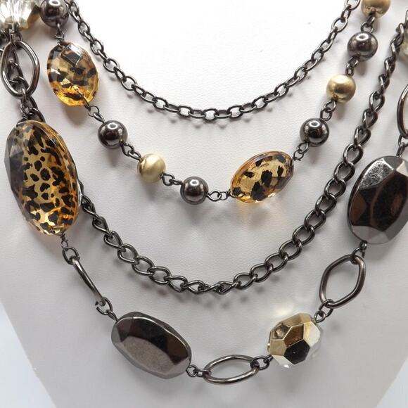 New York & Co. Multistrand Necklace, Animal Print Beads Side Floral Pendant, 20" - Picture 3 of 11